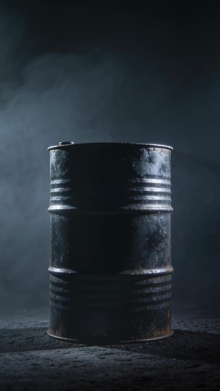 Vidéo verticale: Lumières et caméra en mouvement révélant un fût de 55 gallons sur le plateau, halo du bouchon de remplissage pour le détail