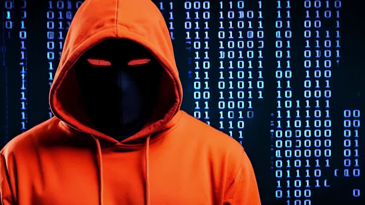 una persona con una sudadera naranja con una máscara negra