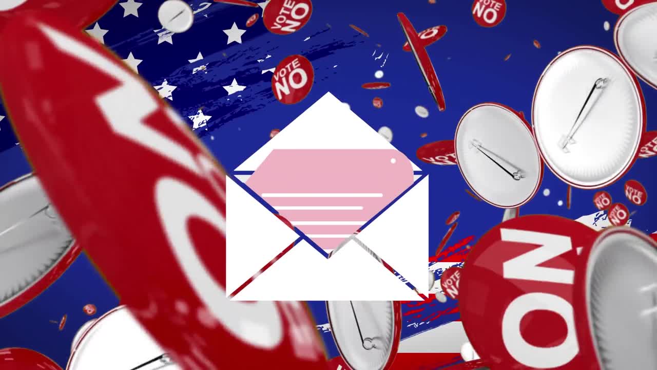 animación del texto voto no, en insignias rojas flotantes, con sobre abierto, sobre fondo azul