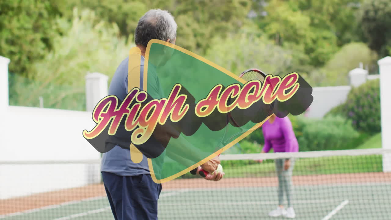 senior couple playing tennis on court, showing health data with heart icon and performance graph