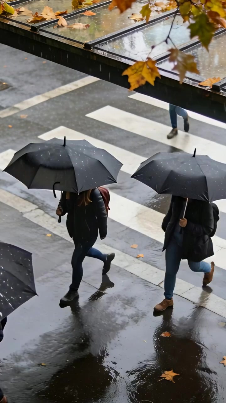 Vertical video: Walking adult with black umbrella across zebra crossing under canopy rain commuting