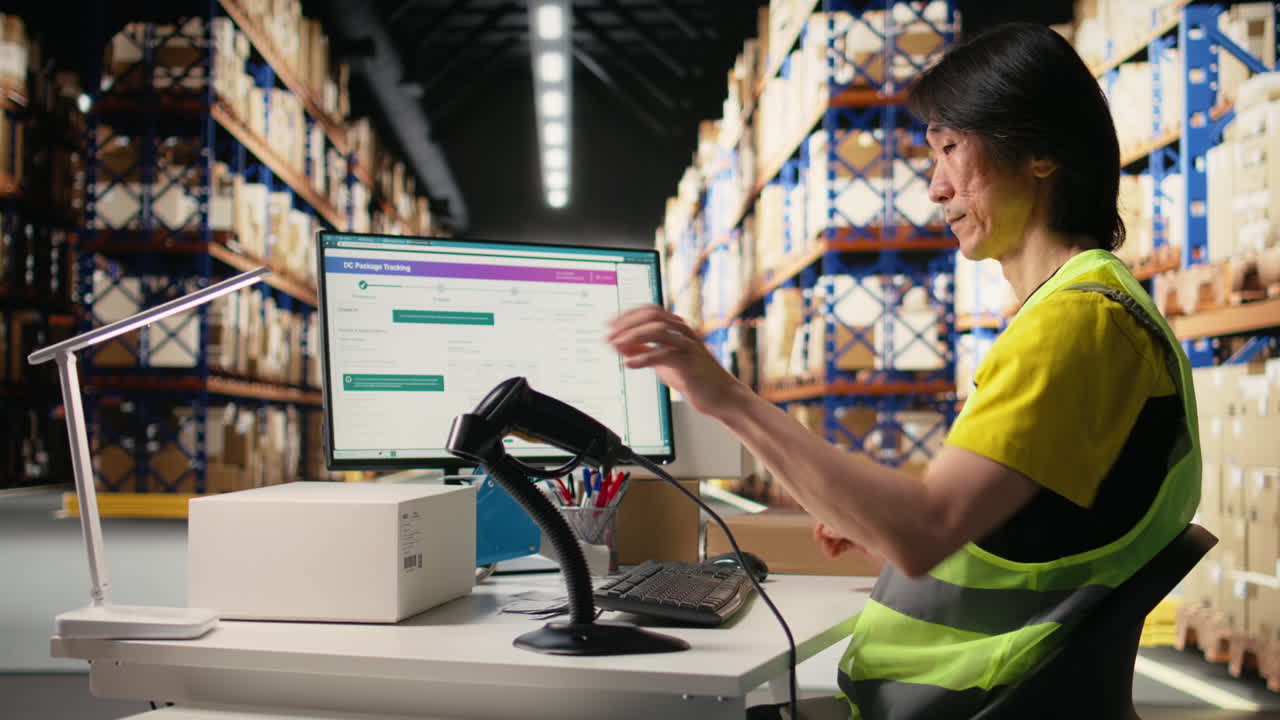 Vertical Video Industrial staff member in big fulfillment center scanning tags on boxes
