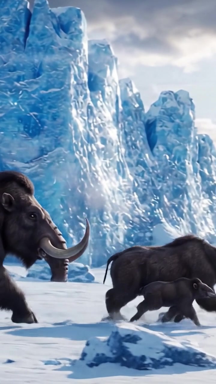 A majestic mammoth walks through a breathtaking icy landscape with its calf, showcasing the serene beauty of prehistoric life amidst towering glacial formations.