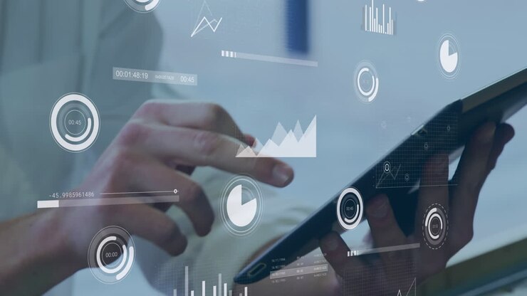 Animation of financial data processing over businessmen using tablet