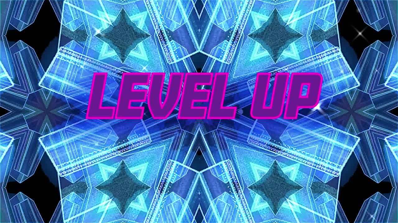 검은색 배경의 파란색 모양 위에 레벨 업 텍스트의 애니메이션