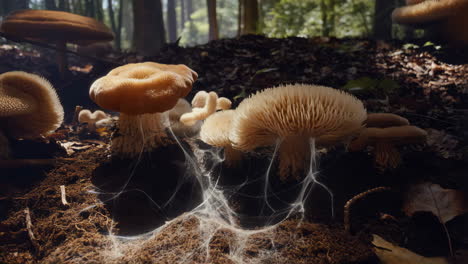 close-up of mushrooms and glowing mycelial network in a forest