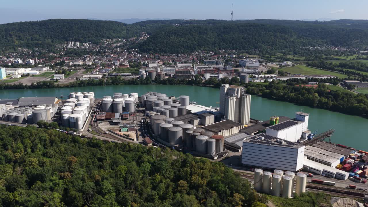 the Au Hafen in Basel, Switzerland, tank silos, industrial port, drone video. Tanklager Auhafen