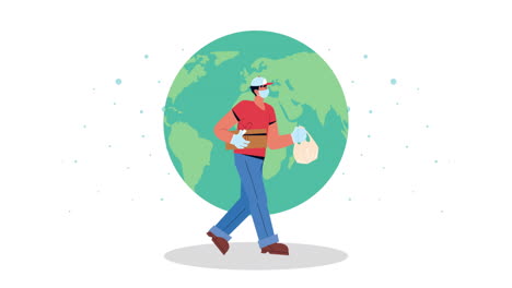 delivery service safe worker walking with earth planet