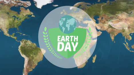 animación del texto del día de la tierra y el logotipo del globo verde sobre el mapa del mundo