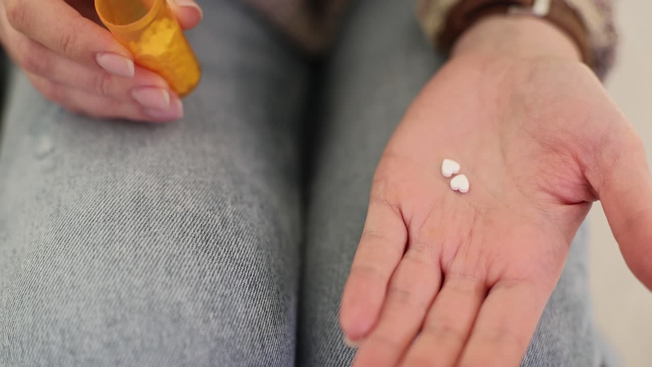 Close-up of Hand Dispensing Heart-Shaped Pills from a Bottle