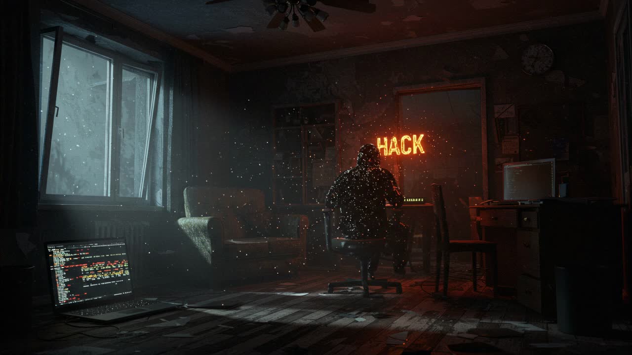 Cybersecurity breach in a dimly lit hacker's den at night with glowing signs and computer screens displaying code