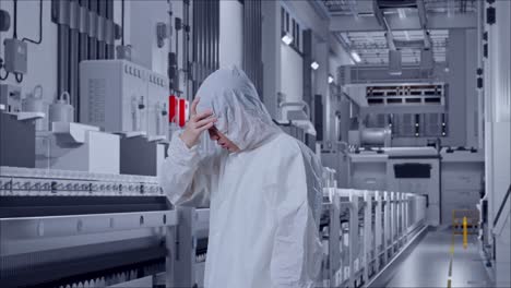side view of asian male scientist having a headache while standing at pharmaceutical factory, vaccine production facility