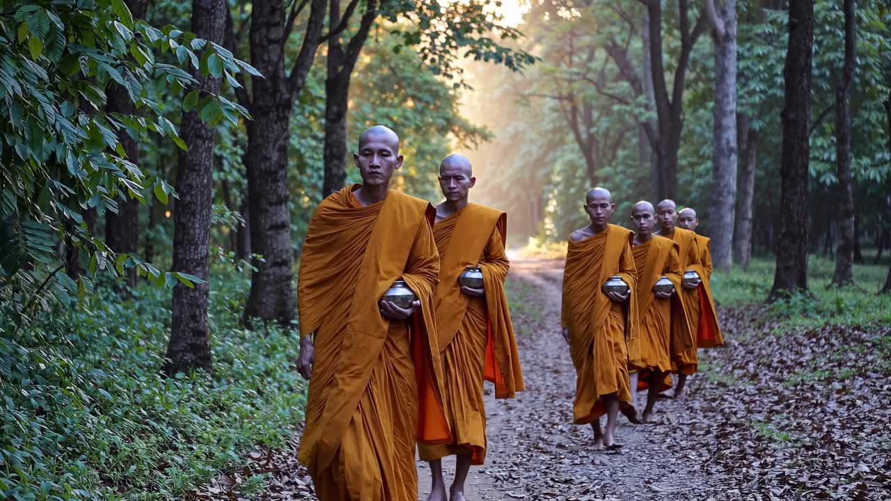 A serene video captures monks in orange robes walking through a forest path at dawn