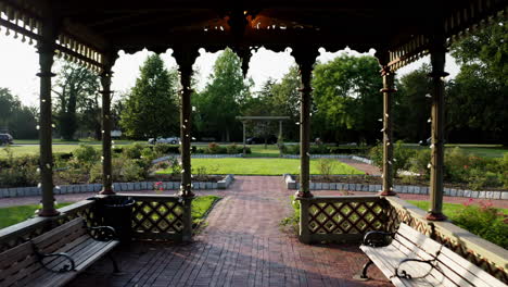 drone shot flying through the rose garden arbor in roger williams park