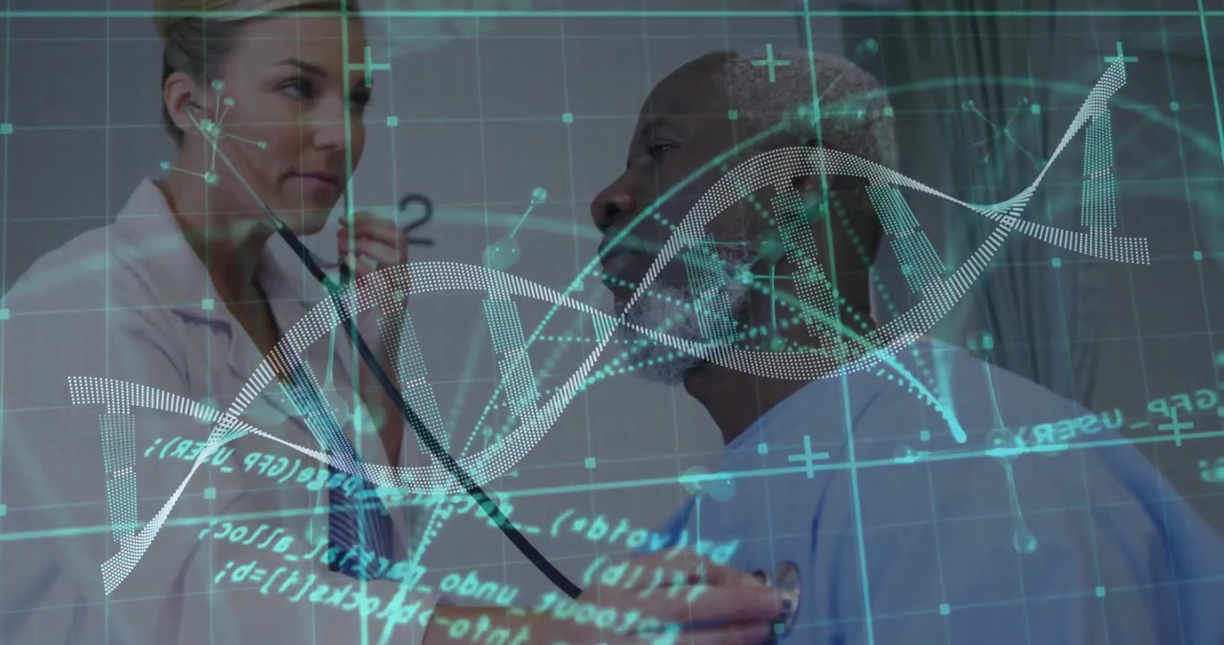 Physician raising stethoscope listening chest with DNA helix overlay guiding genetic health check