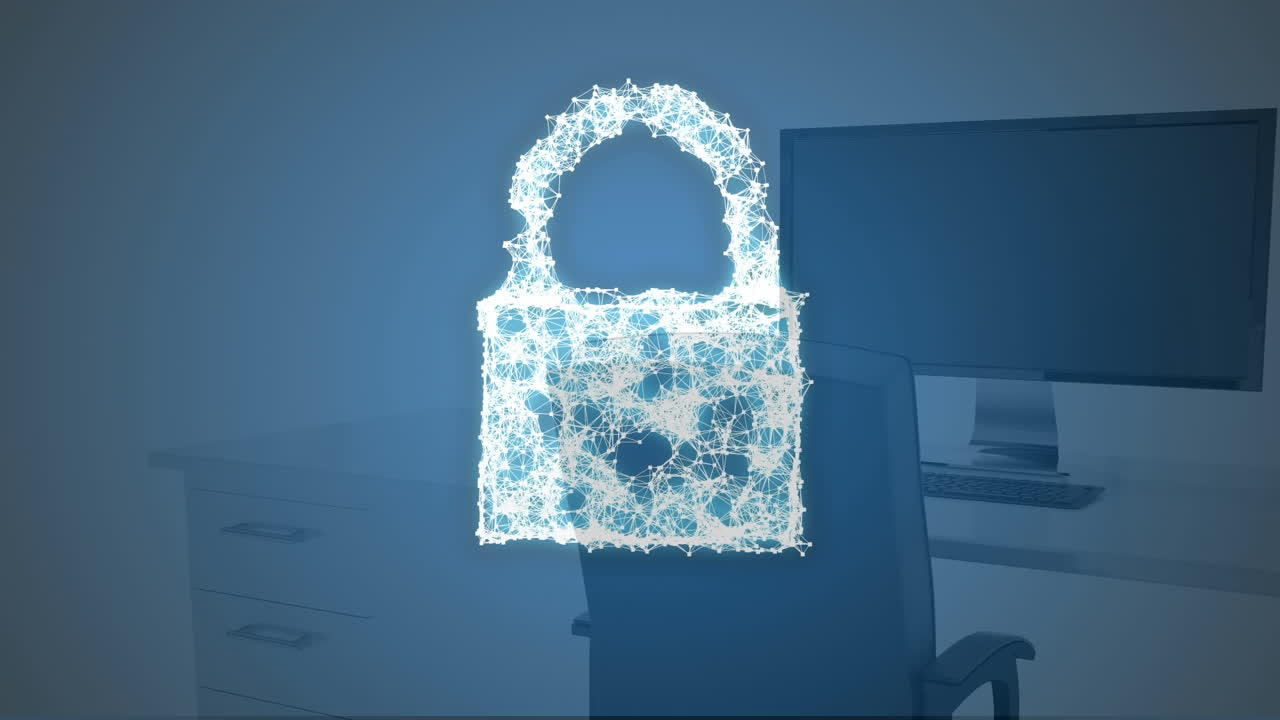 animación de un candado digital sobre las computadoras en la oficina