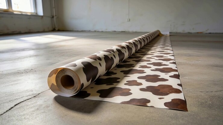 Pulling back camera revealing patterned roll with unrolled sheet on concrete floor, window light