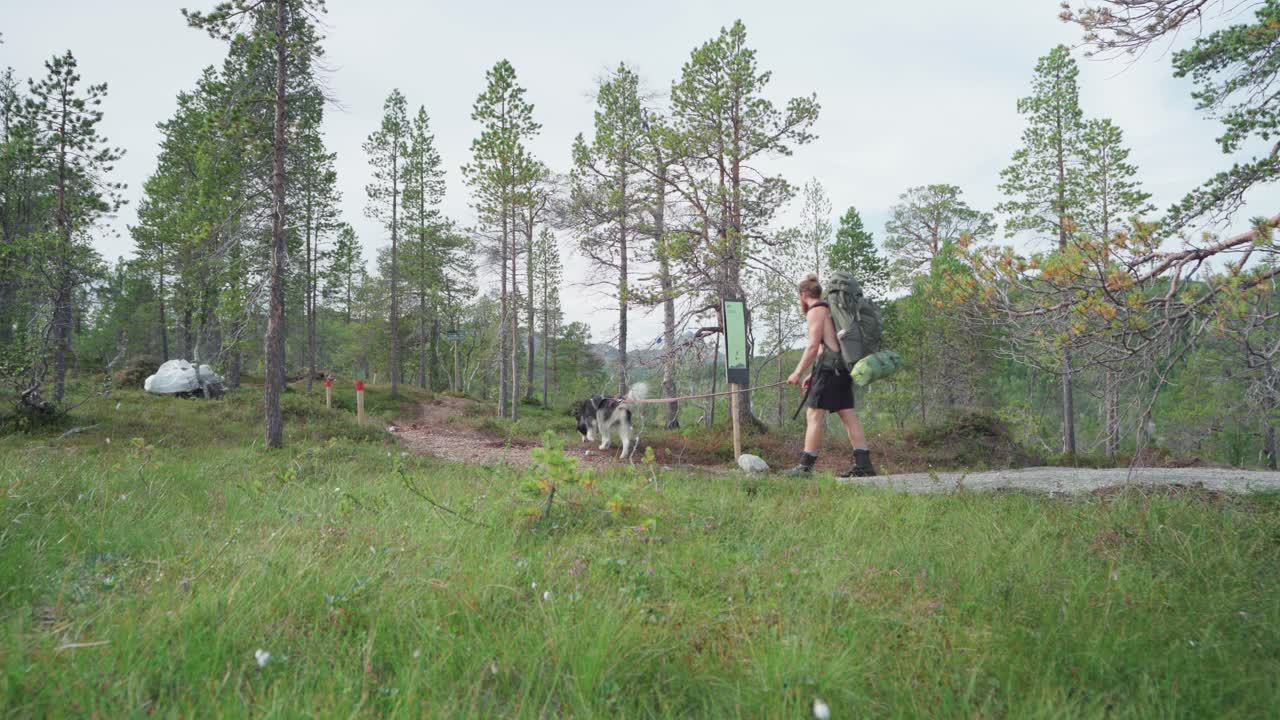 노르웨이 센자 안데르달렌 국립공원의 산길을 따라 방향 표지판을 바라보는 알래스카 말라뮤트와 노르웨이 트레커
