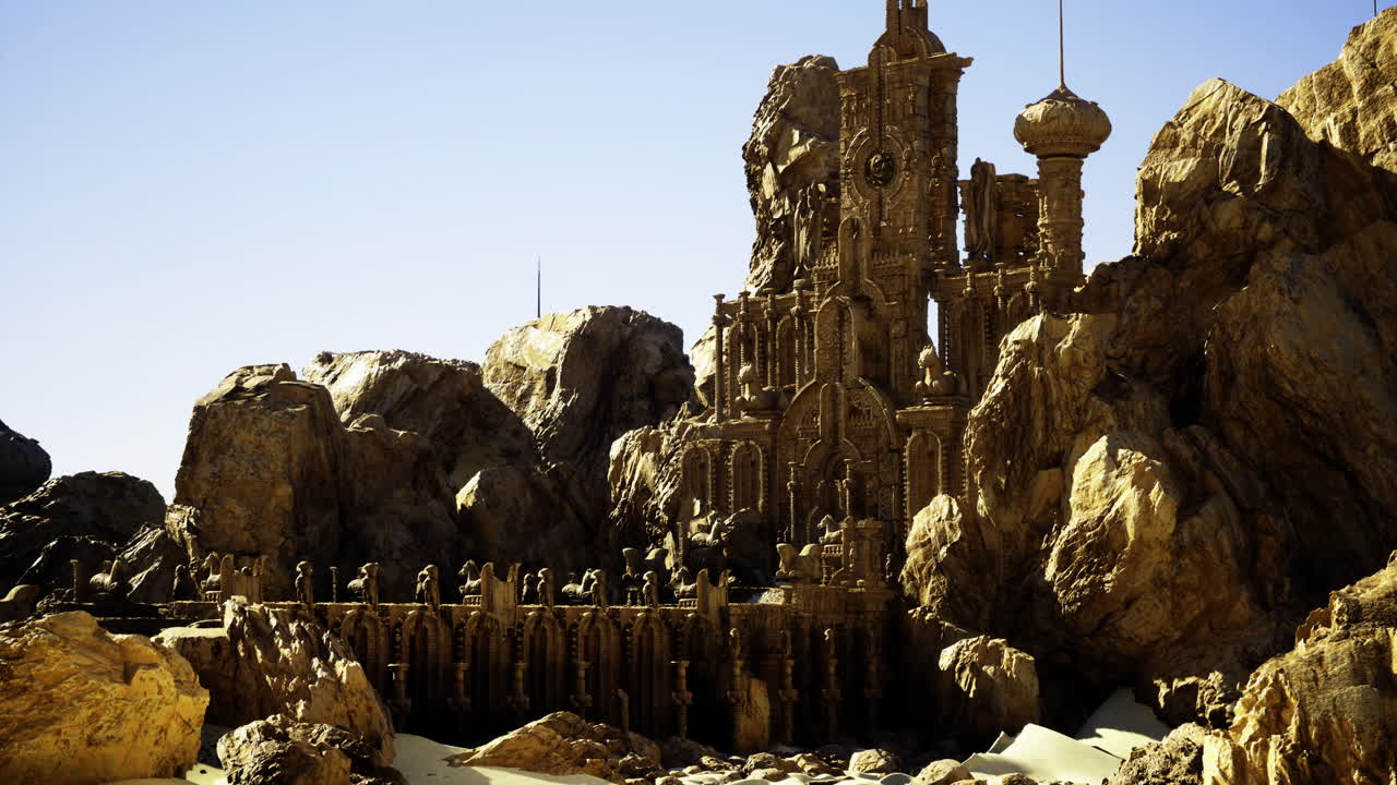 Majestic sandcastle fortress rises amidst desert rocks under clear sky