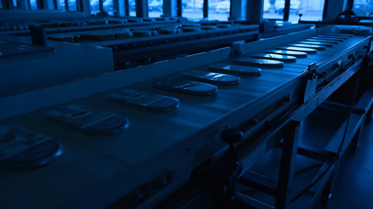 Conveyor Belt in a Dimly Lit Industrial Facility