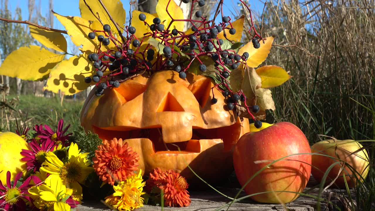 Calabaza de Halloween espeluznante. El monstruo se sienta en un tocón de árbol. Sesión en octubre.