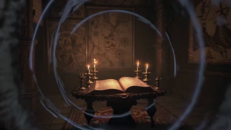 a mystical, low-angle video shot of an ancient book surrounded by candles, evoking a magical