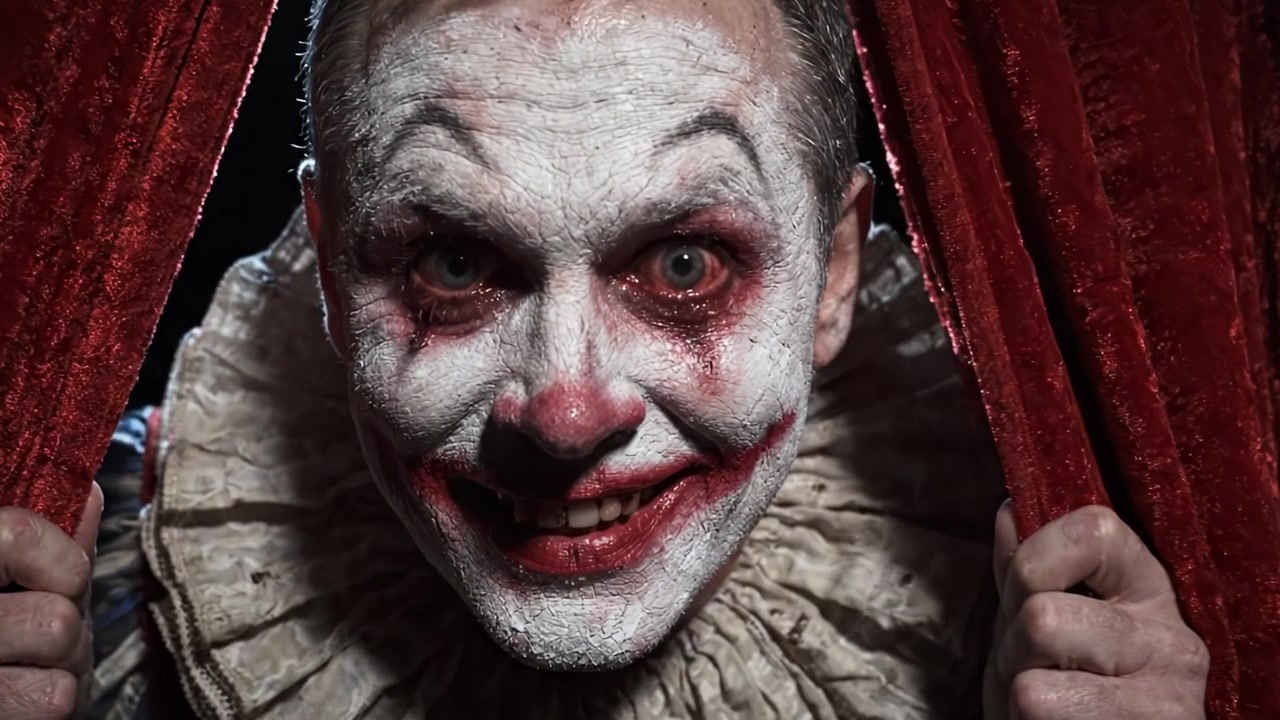 Un clown inquietante emerge da dietro tende di velluto rosso, suscitando paura e intrigo con un sorriso sinistro e un trucco disturbante, perfetto per una performance terrificante