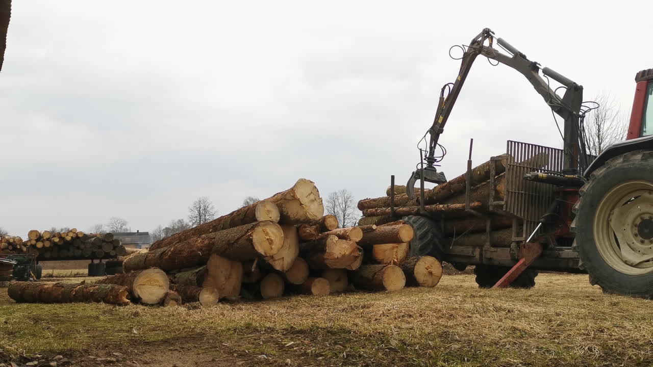 Tractor with crane loading out logs in a pile next to a sawmill