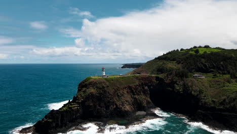 lighthouse falls below horizon on emerald green island as seagulls flutter nearby