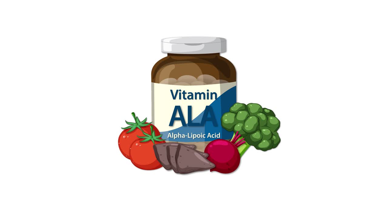 Vitamin supplement bottle with alpha-lipoic acid, vegetables appear and settle, clean white background