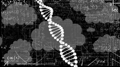 구름 위에 있는 dna 사슬과 검은 바탕에 있는 수학 수식의 애니메이션