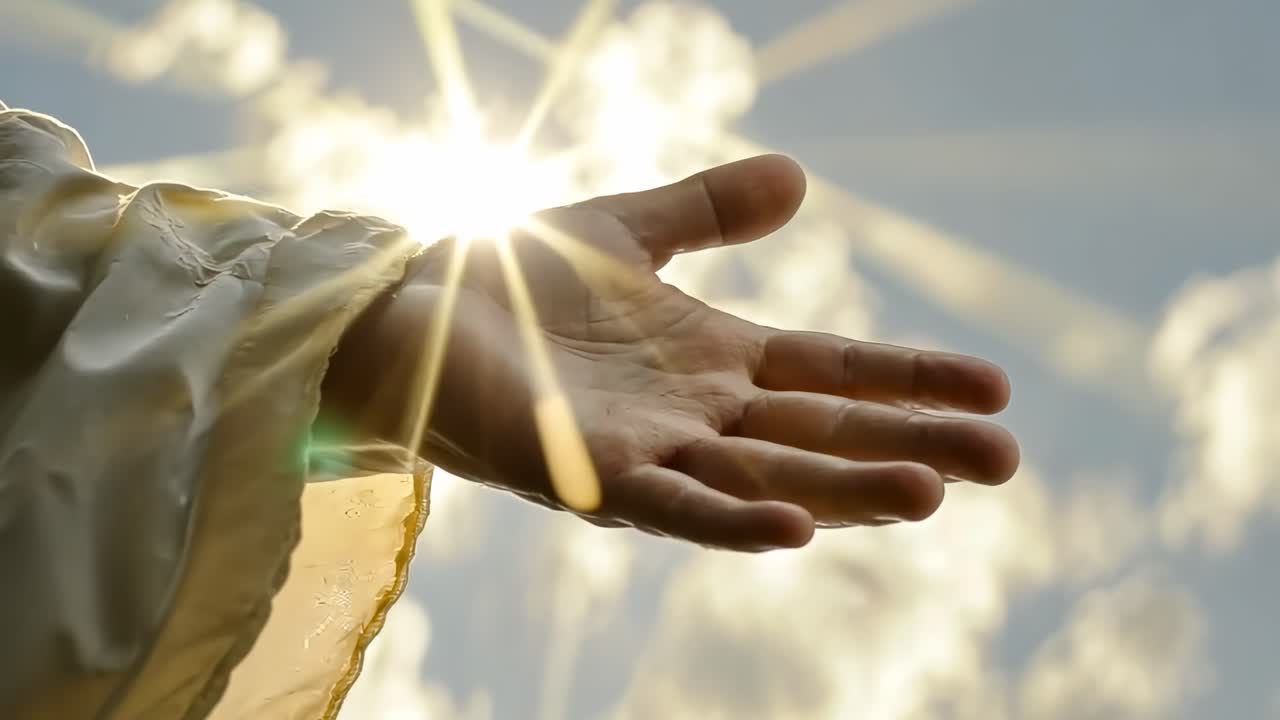 A hand reaching towards the sun with rays shining through clouds