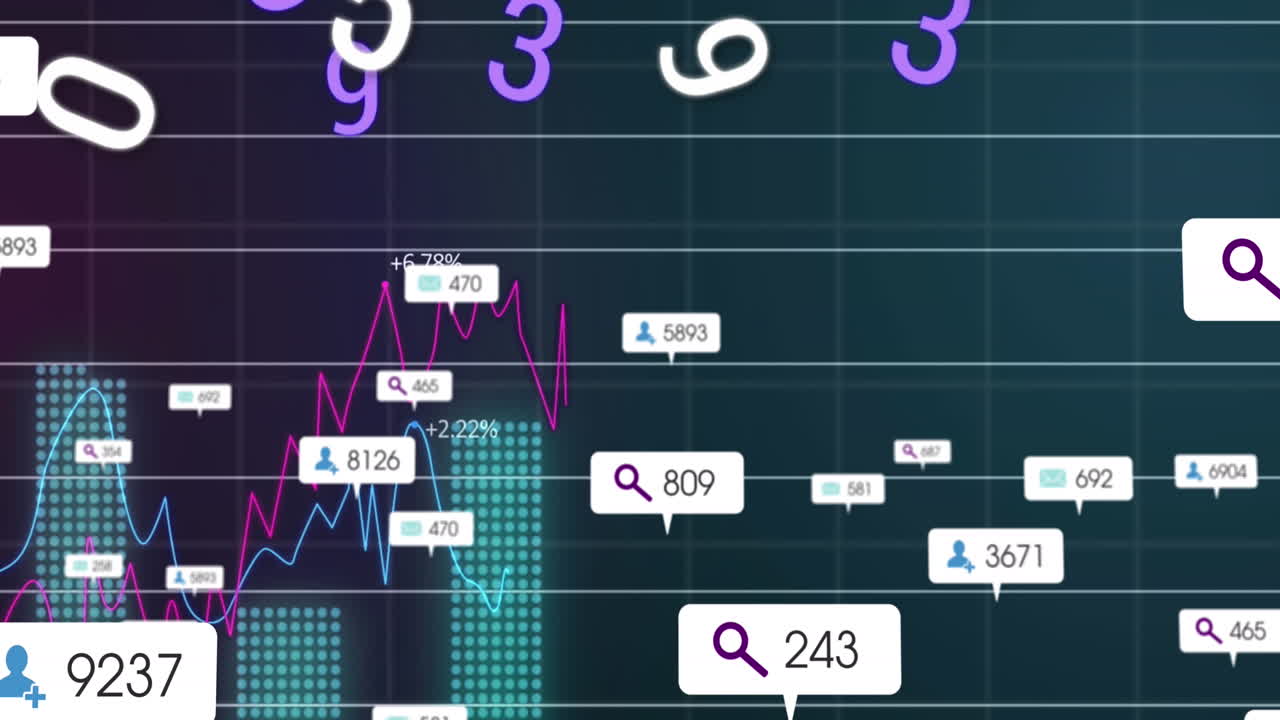 Animation of social media data processing and numbers over dark background