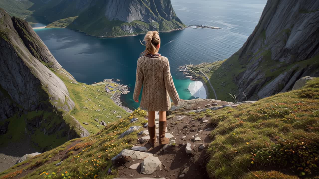 Bagfra ses en kvinde, der står på en stenet bjergsti og kigger ned på en blå fjord og en kystlandsby nedenfor, et naturskønt sommerrejselandskab i Norge.
