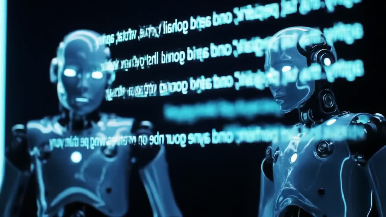 Futuristic Robots Analyzing Data Streams: A Glimpse Into the Advanced Interaction of AI and Machine Learning in a High-Tech Environment