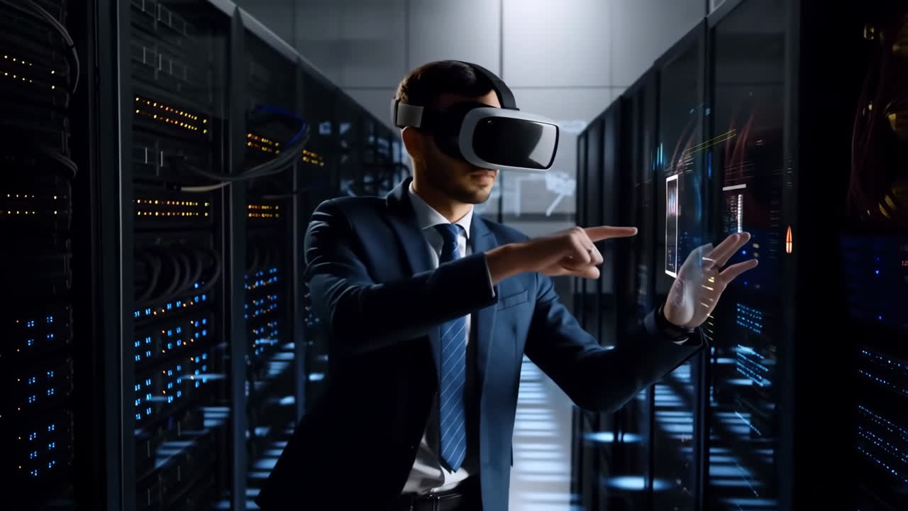 Мужчина в VR-гарнитуре с цифровым интерфейсом в серверной комнате
