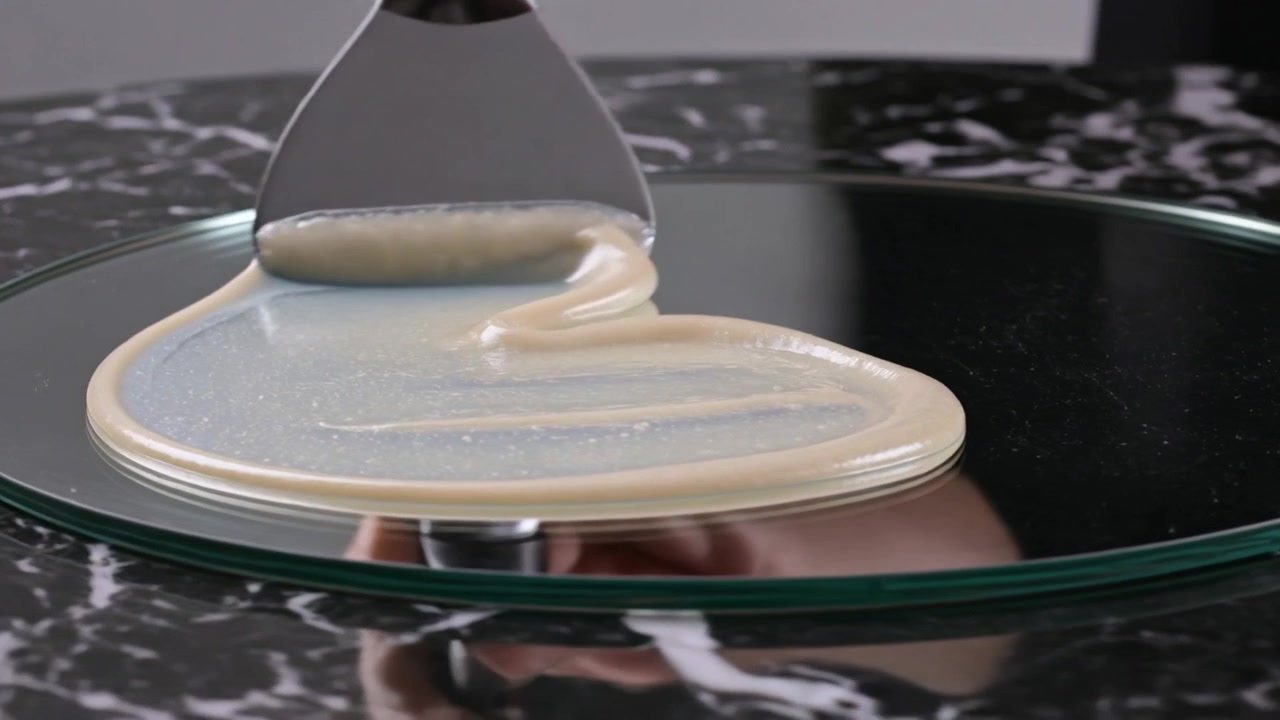 Spatola metallica che tocca una goccia, mano che trascina e piega il gel su una piastra di vetro, levigando lo strato