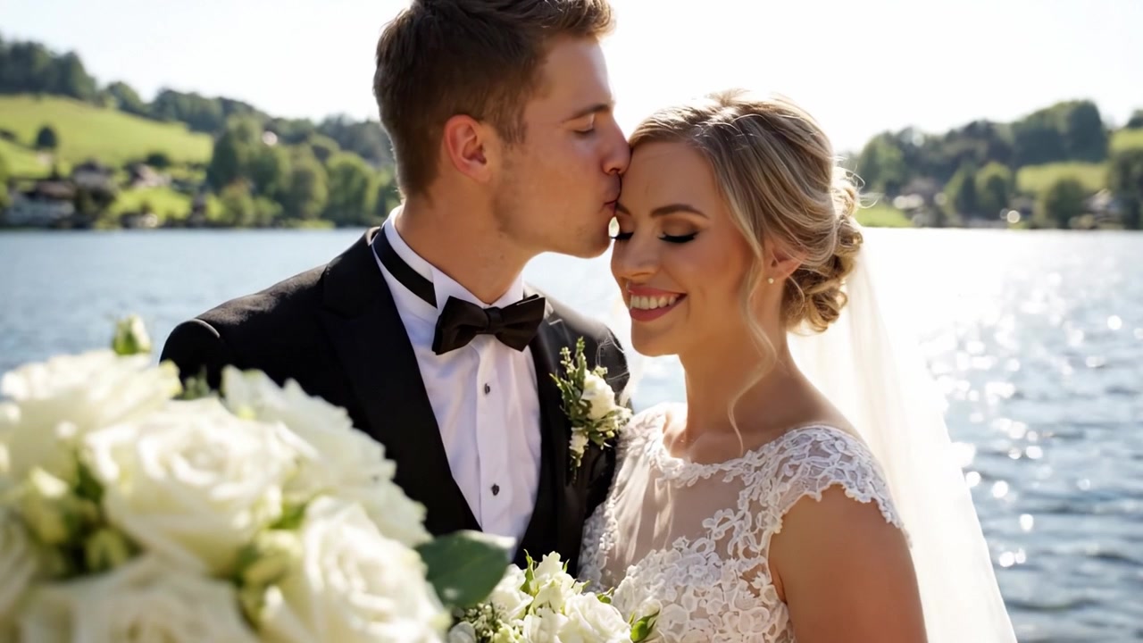 A Beautiful Outdoor Wedding Ceremony by the Water, Showcasing the Joyful Couple in an Intimate Moment Surrounded by Nature and Floral Elegance