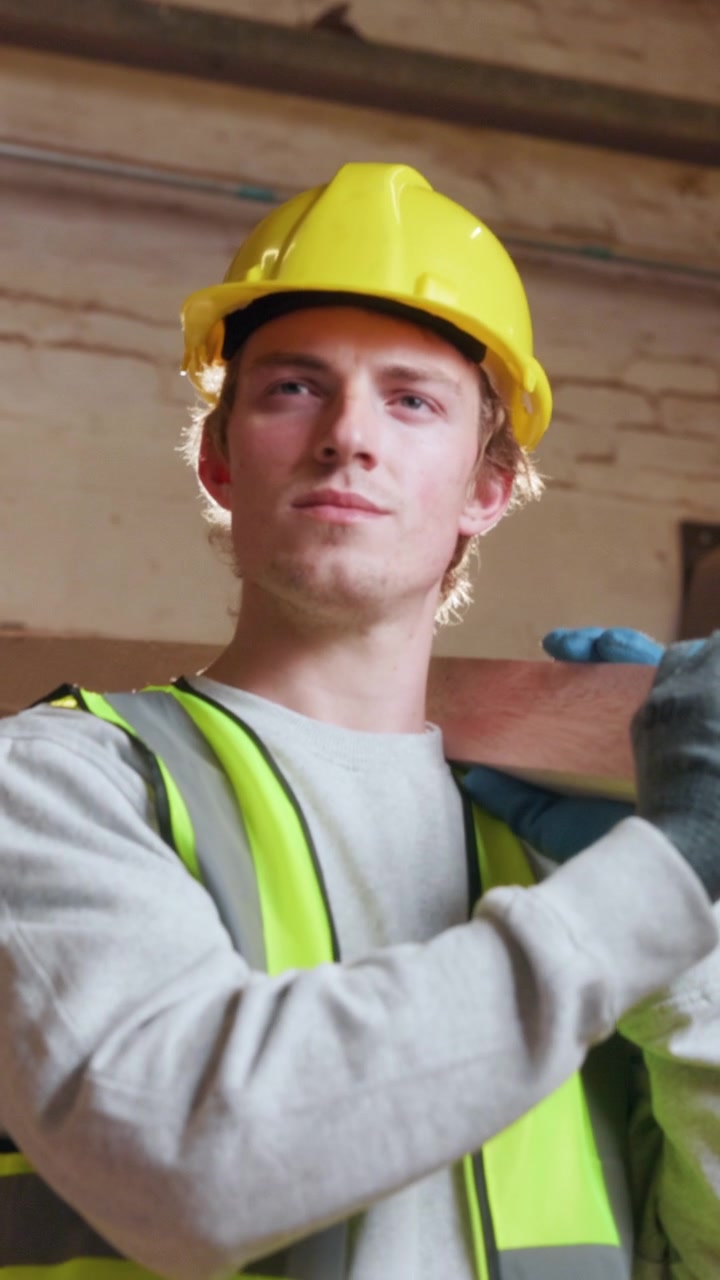 Young Construction Worker Carrying Wooden Plank in Warehouse