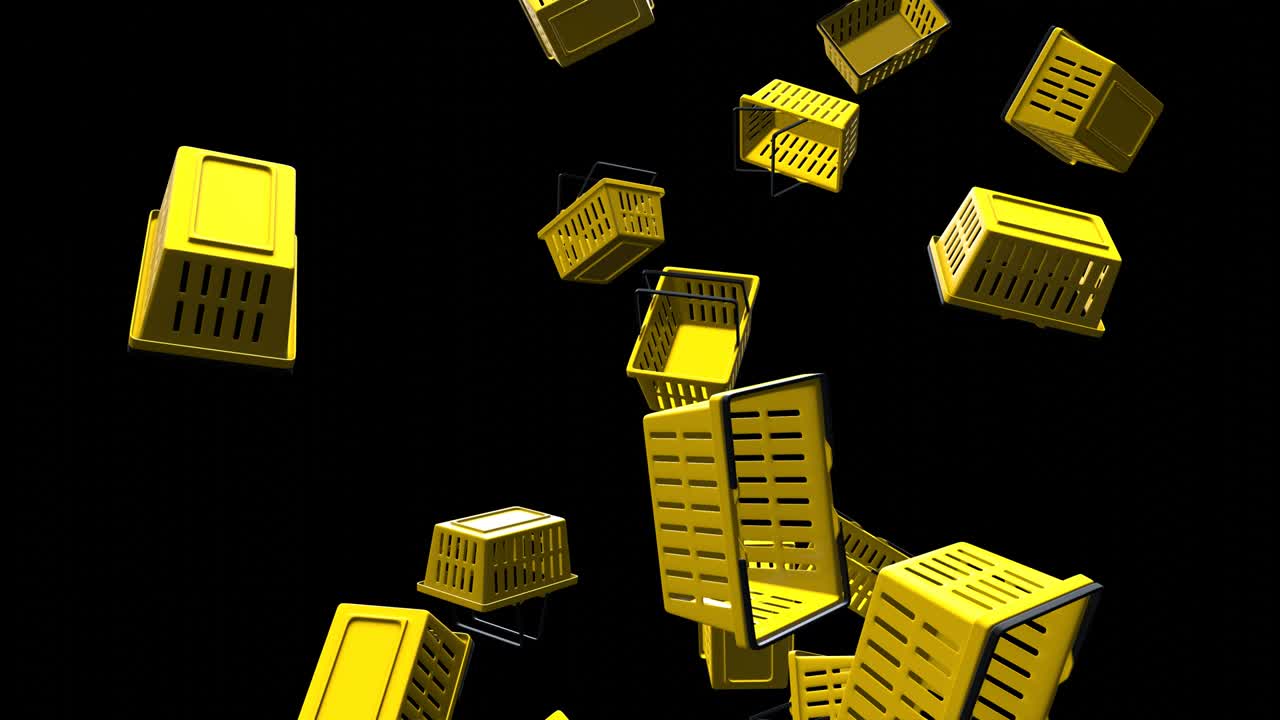 Yellow plastic shopping baskets on black background.