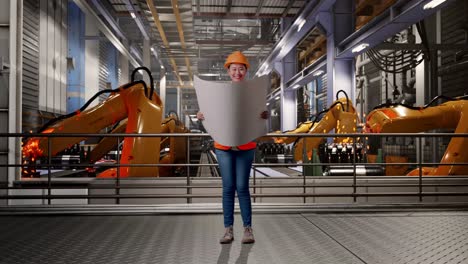full body of asian female engineer with safety helmet looking at blueprint in her hands while standing with industrial robotic arms working