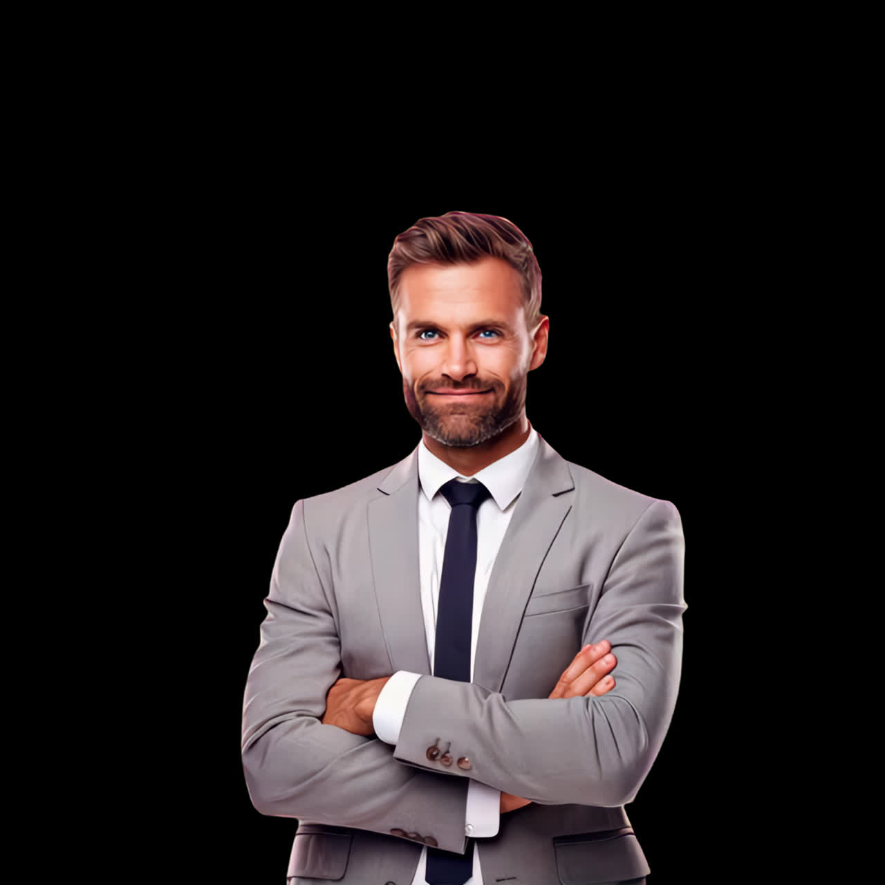 Confident businessman in gray suit animation isolated asset, transparent 4K video, alpha channel