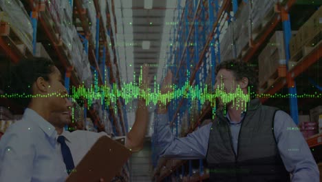 animation of financial data processing over diverse business people in warehouse