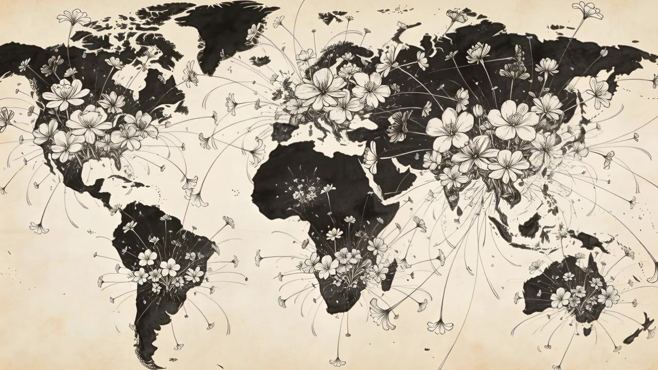 Showing emerging floral clusters spreading over ink map at start on sepia paper uniting regions