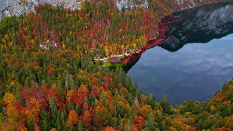 a calm rustic colourful forest landscape at the mountain foot near a lake