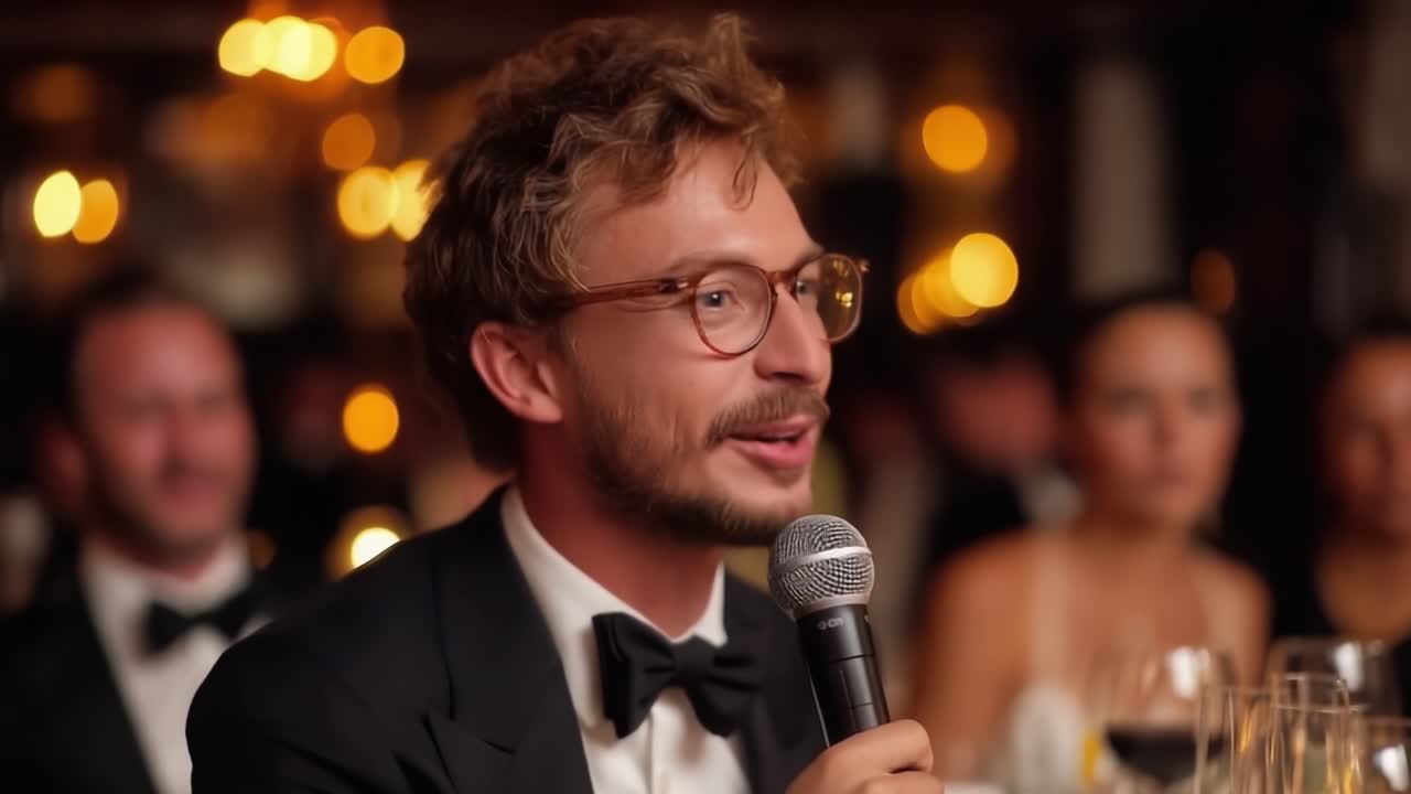 Momenti coinvolgenti: un oratore carismatico cattura il pubblico con umorismo e fascino, creando un'atmosfera di risate e connessione durante un evento celebrativo