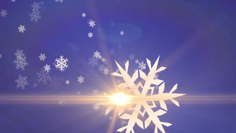 animation of glowing light over christmas snowflakes falling on purple background