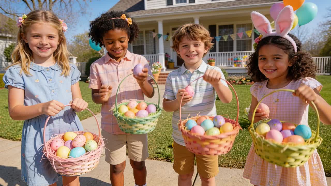 ポーチでパステルカラーの衣装を着た4人の子供たちが微笑んでおり、イースターバスケットを持っている姿がカメラでクローズアップされている。