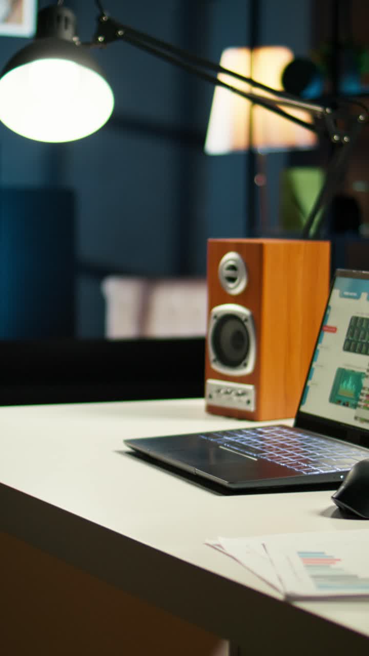 Espacio de trabajo con portátil, altavoz y lámpara