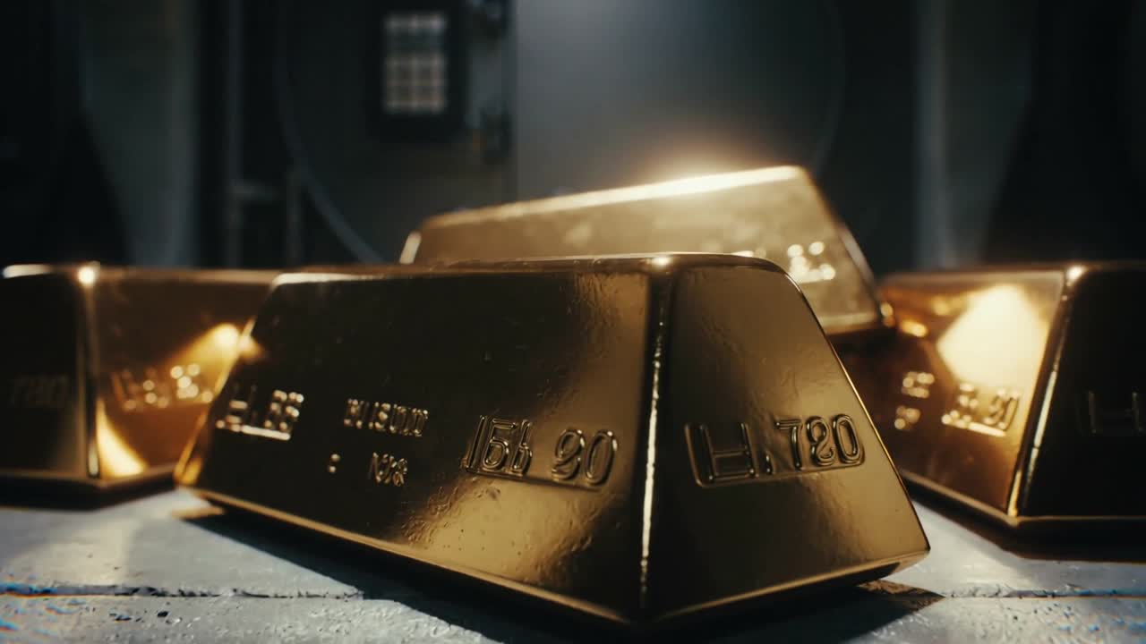 Panning camera showing five gold bars near vault doors' keypads, lights shifting to reveal serials